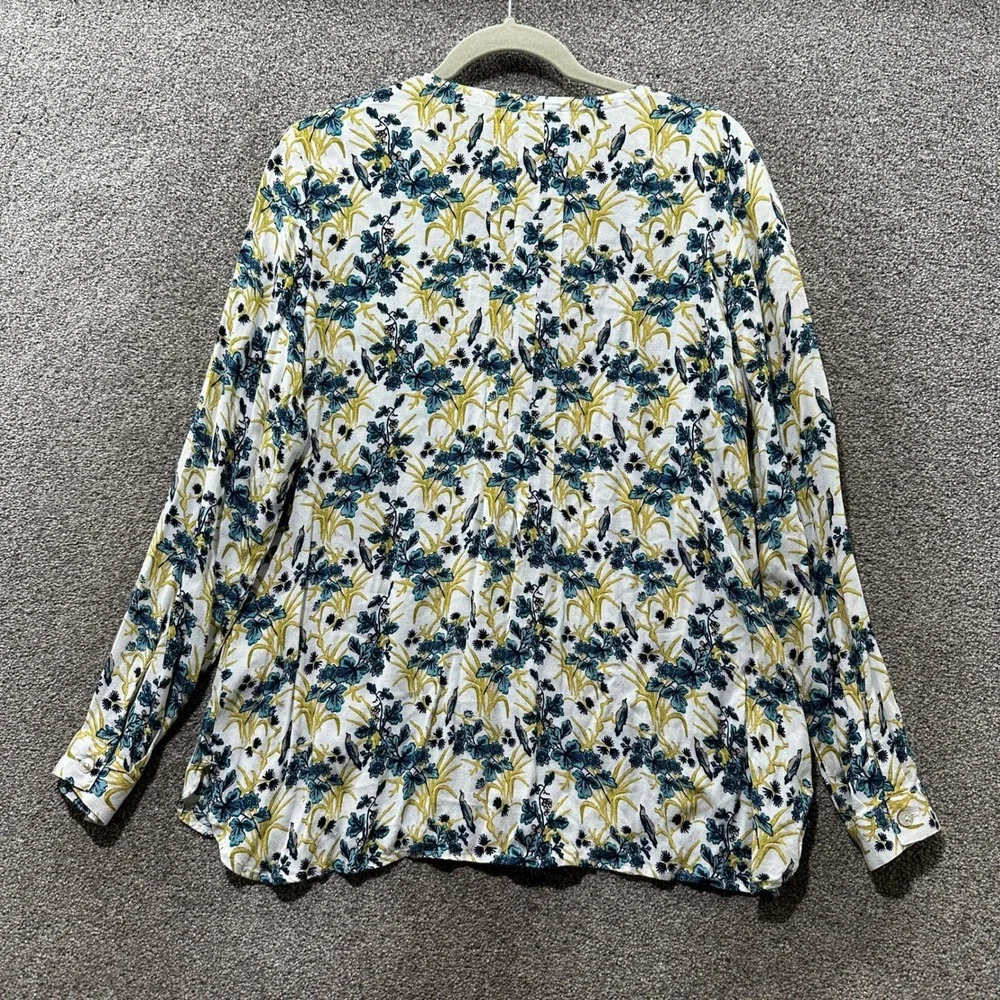 J Jill Button Up Blouse Top Womens Medium Floral Bird Print Rayon Cottage Nature